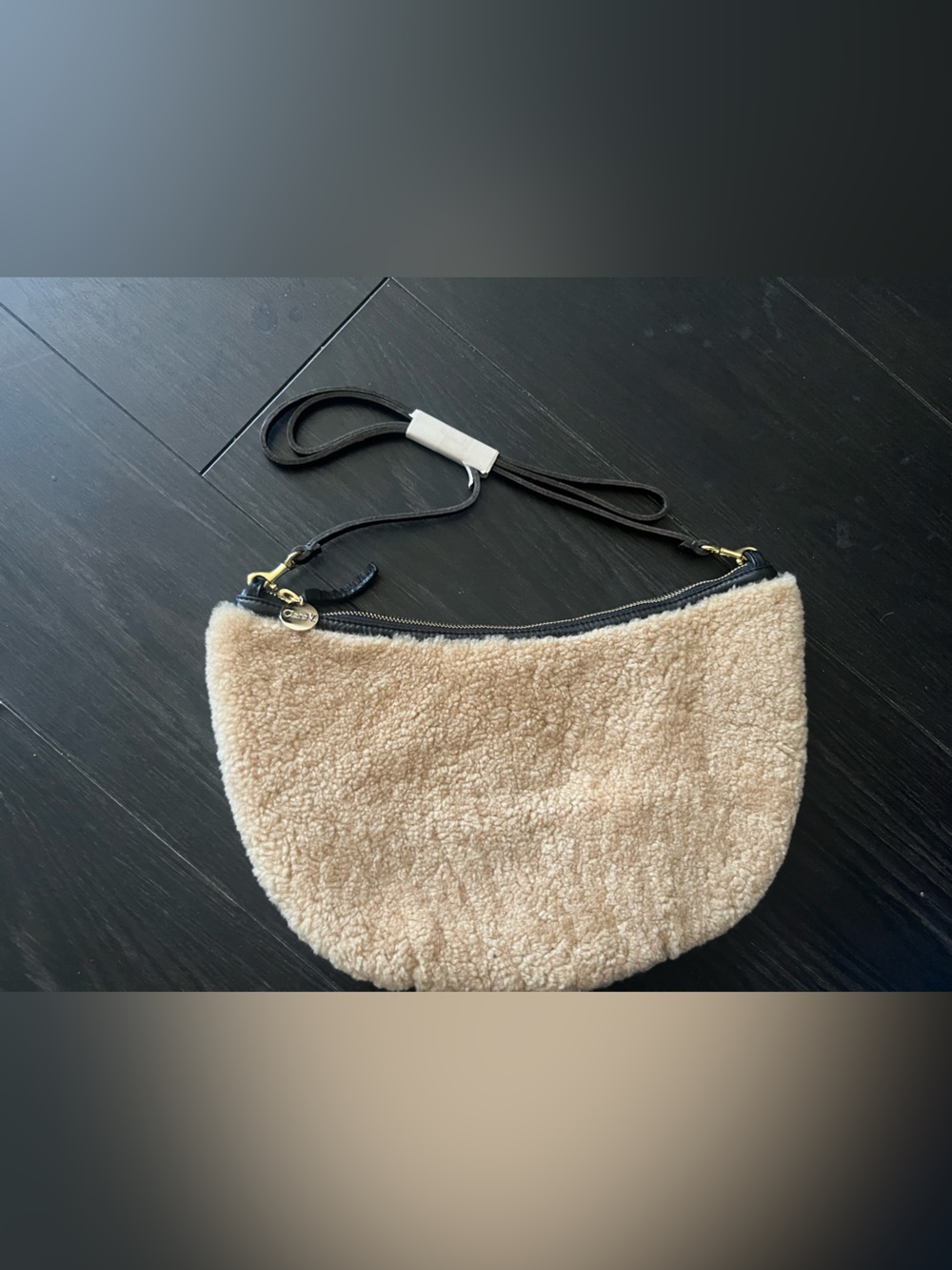 Clare V Tan Sherpa Crescent Crossbody with Black Strap and Gold Hardware - Picture 2 of 4